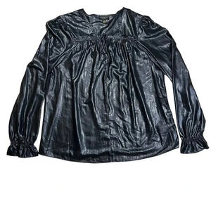 Anthropologie Current Air Black & Silver Metallic Long Sleeve Blouse Size Large
